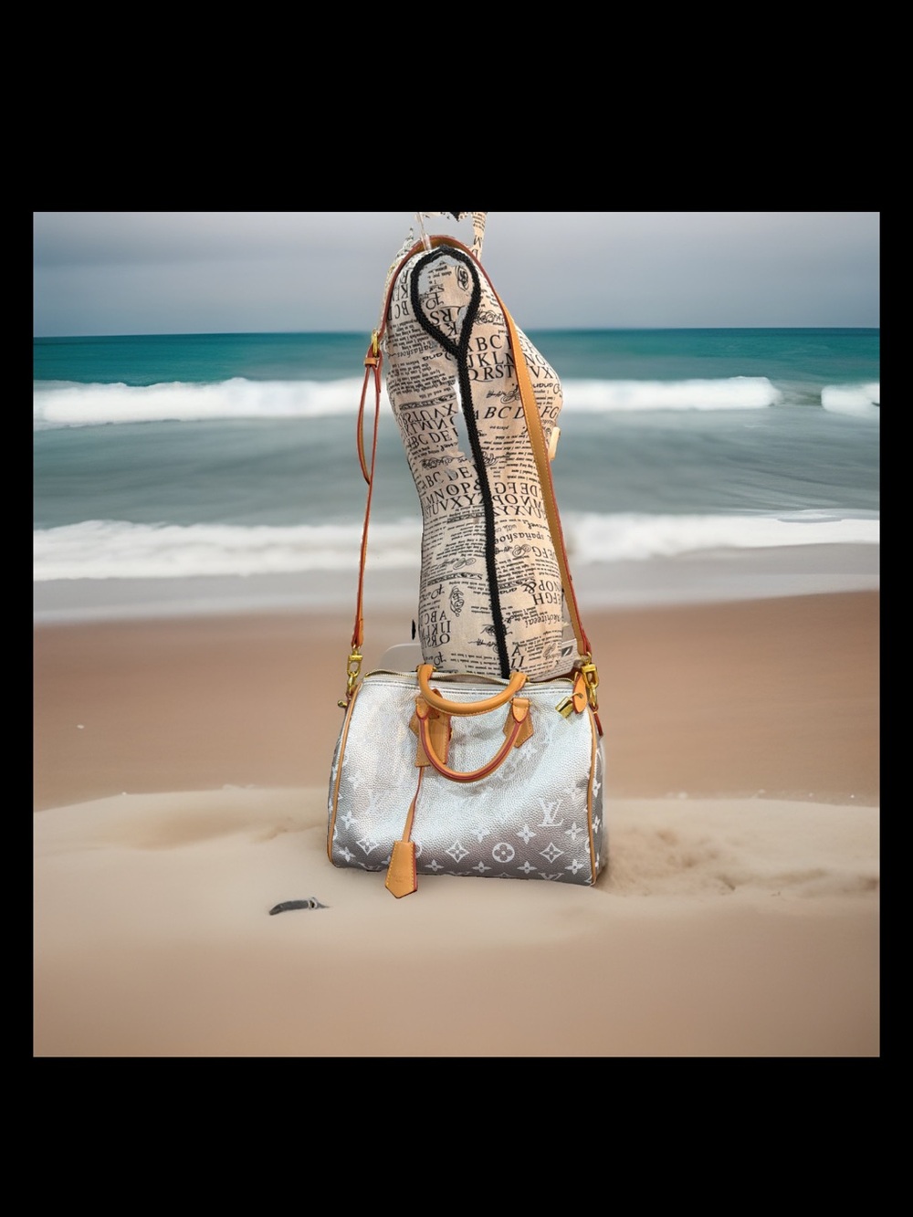 Silver Monogram Shoulder Bag with Tan Trim